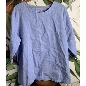 Marc + Ware Womens 1X Blue Boat Neck 100% Linen Blouse Top
